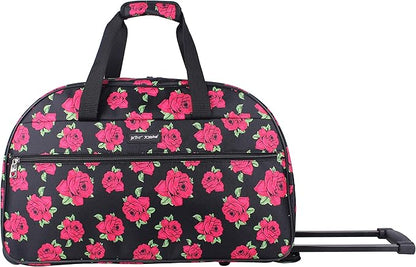 Betsey Johnson Designer Carry On Luggage Collection - Lightweight Pattern 22 Inch Duffel Bag- Weekender Overnight Business Travel Suitcase with 2- Rolling Wheels (Covered Roses)