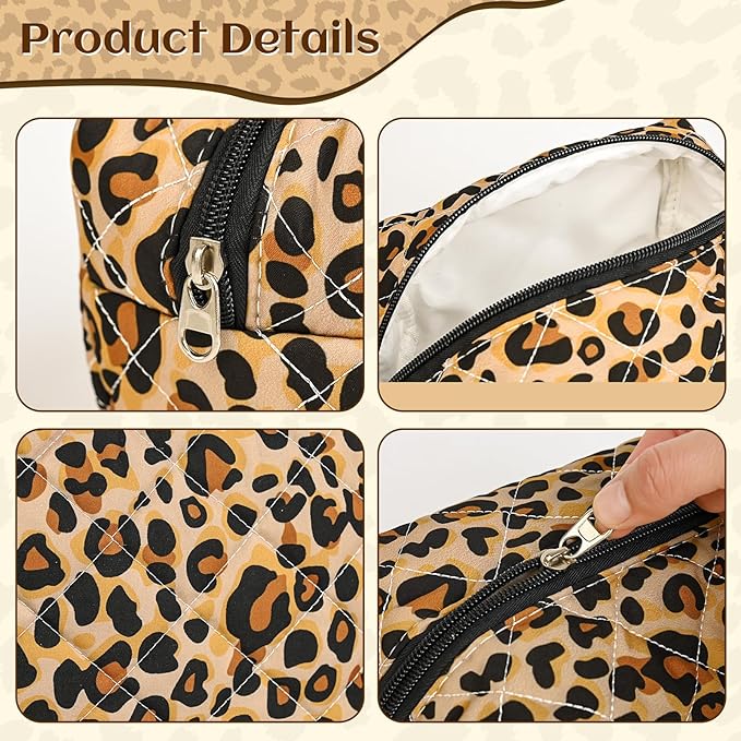 Quilted Makeup Bag Set,3 Pcs Puffy Cosmetic Bags Aesthetic Make Up Bags,Small Zipper Pouch,Travel Toiletry Bag Purse Organizer Pouches for Women (Leopard-Print)