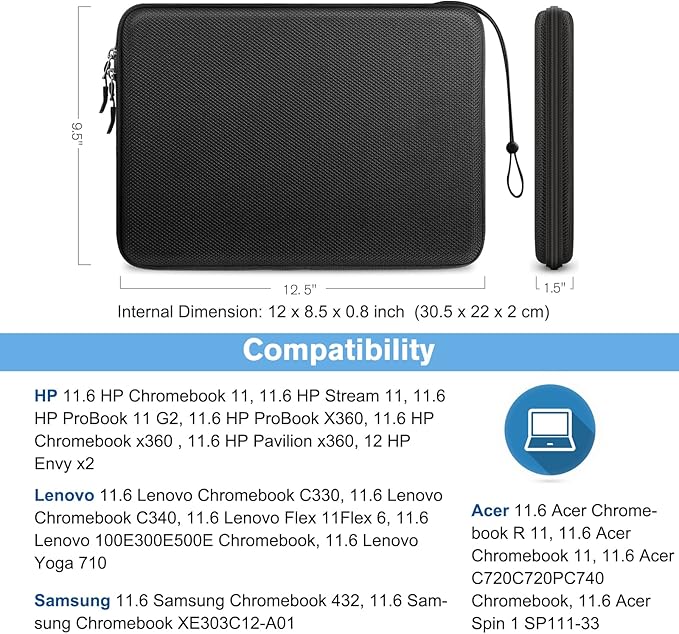 FINPAC Hard Laptop Sleeve Case for 11.6-inch Chromebook, Shockproof Computer Carrying Case Compatible with 11.6-inch Samsung Chromebook 4+/4/3/2, Acer/HP/Dell/ASUS/Surface Laptop 13", Pro 12", Black