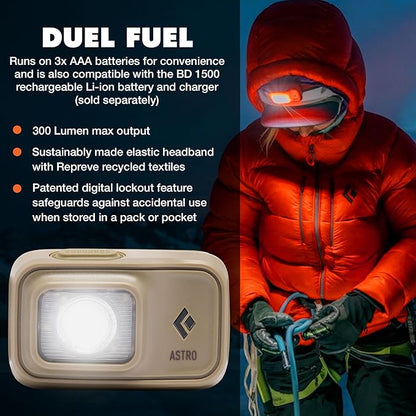BLACK DIAMOND Astro 300 Headlamp | 300 Lumens | 3X AAA Batteries Included | Compact, Lightweight for Camping, Hiking & Climbing (Ops Dark Tan)