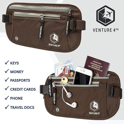 VENTURE 4TH Money Belt for Travel – Hidden Under-Clothes RFID Blocking Passport Holder & Slim Travel Wallet Pouch for Men & Women to Protect Cash, Cards & Documents (Brown)