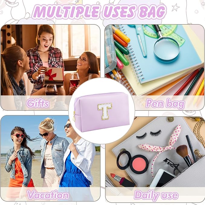 Gifts for Girls Initial Makeup Bag Personalized Cosmetic Bag with Zipper Cute Travel Toiletry Bag Waterproof PU Preppy Makeup Pouch Birthday Gift for Teen Girls Women(Purple T)
