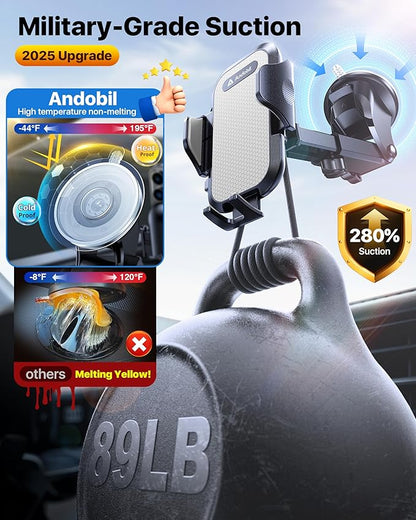 andobil Car Phone Holder, 2025 Military-Grade 89lbs Strongest Suction Phone Holders for Your Car Dashboard/Windshield/Vent Easy Clamp Cellphone Holder Truck Stand for iPhone 17 16 15 Pro Samsung Grey
