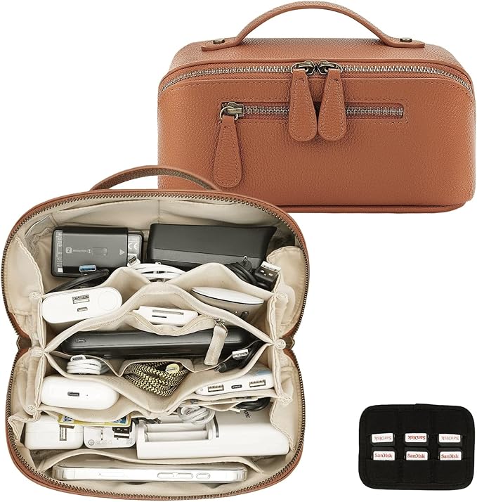 Electronic Organizer Accessory Tech Pouch Water Resistant Travel Bag for MacBook Charger, Cables, Power Bank, Hard Drive, Cords Storage，with Removable Card Slots for Memory Card(brown)