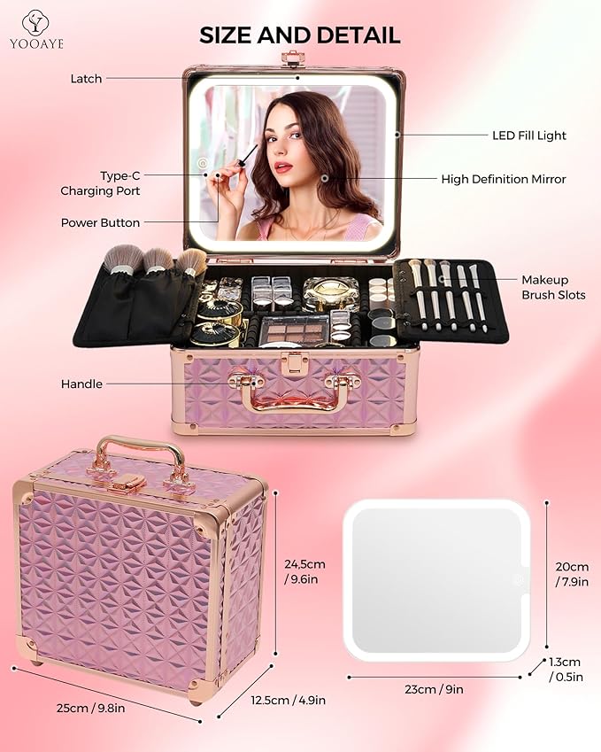 Makeup Box with Detachable Lighted Mirror–Travel Train Case, Cosmetic Storage Organizer & Makeup Suitcase with Adjustable Dividers & Magnetic LED Mirror (Pink)
