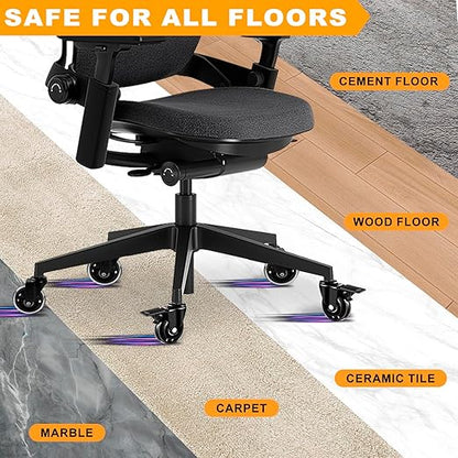 Office Chair Wheels for Casters Replacement - 3" Rubber Wheels for Computer Gaming Desk Caster Smooth & Safe Rolling for All Floors Hardwood and Carpet-Set of 5, 2 with Safety Brakes,3 No Brake, Clear