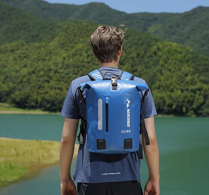MARCHWAY Roll Top Waterproof Backpack, Floating Dry Bag 20L/30L/45L with Ergonomic Rectangular Base, Cushioned Back, Hip Strap for Hiking Camping Kayaking Travel (Blue, 20L)