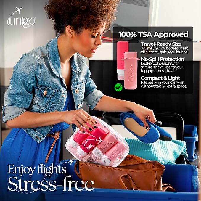 unigo 30 pack Full Set TSA Approved Travel Bottles, Travel Size Containers for Toiletries, Refillable Leakproof Travel Shampoo and Conditioner Bottles, Toiletry Containers,Extra Bottle Sleeves (Pink)