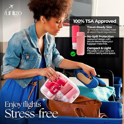 unigo 30 pack Full Set TSA Approved Travel Bottles, Travel Size Containers for Toiletries, Refillable Leakproof Travel Shampoo and Conditioner Bottles, Toiletry Containers,Extra Bottle Sleeves (Pink)