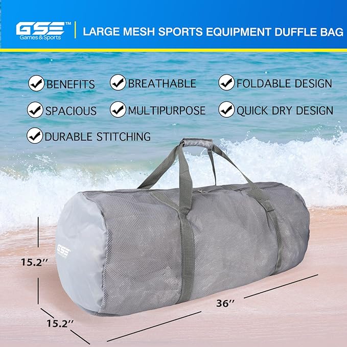 Grey Heavy-Duty Large Mesh Sports Duffle Bag, Dry Bag, Diving Equipment Scuba Bag with Zipper. Great for Gym Workout, Sport Balls Storage, Scuba Gear, Snorkeling, Water Sports and Travel