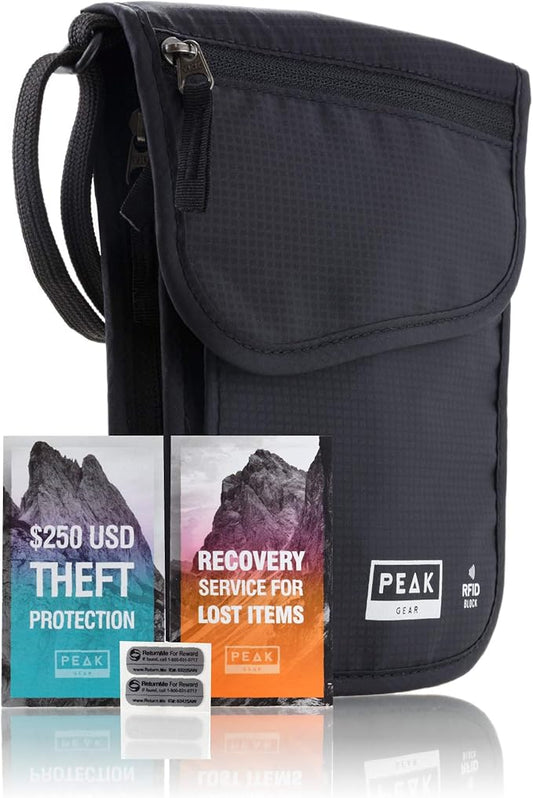 Peak Gear RFID Neck Wallet - The Original Travel Pouch with Adjustable Crossbody Strap + Theft Protection and Lost & Found Service | Black