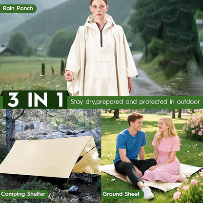 Bruvoalon 3-in-1 Rain Poncho with 1/4 Zip & Chest Pocket, Waterproof, Sunshade, Ground Mat for Adults & Youth Emergency