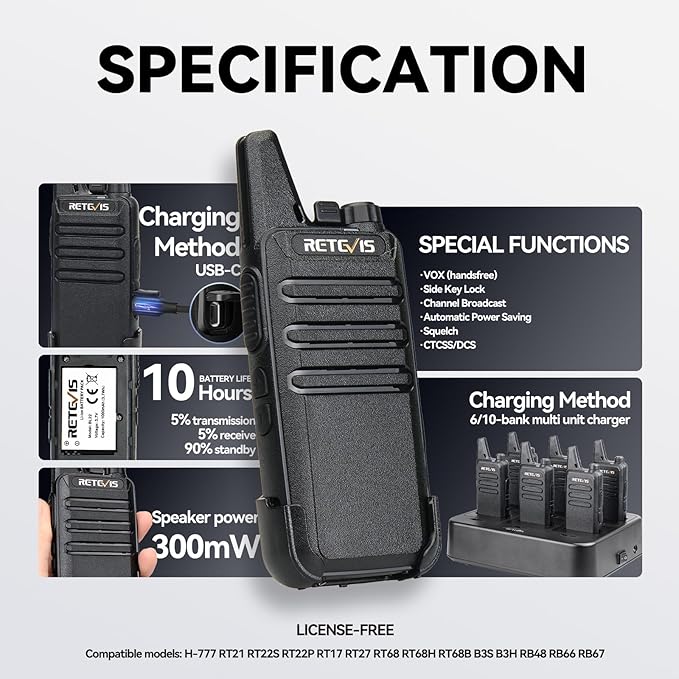 Retevis RT22 Walkie Talkies for Adults, Two Way Radios Long Range Rechargeable, VOX Handsfree, Mini Compact Walkie Talkie with USB Charger, for School Church Restaurant (6 Pack)