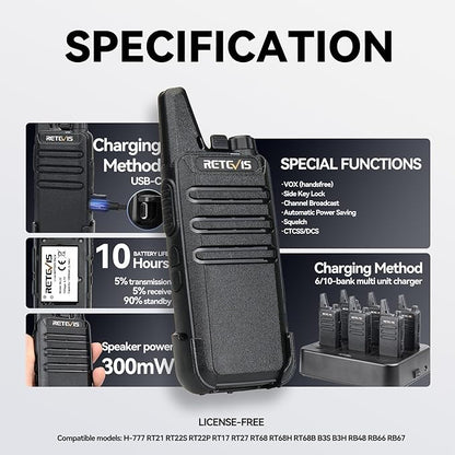 Retevis RT22 Walkie Talkies for Adults, Two Way Radios Long Range Rechargeable, VOX Handsfree, Mini Compact Walkie Talkie with USB Charger, for School Church Restaurant (6 Pack)