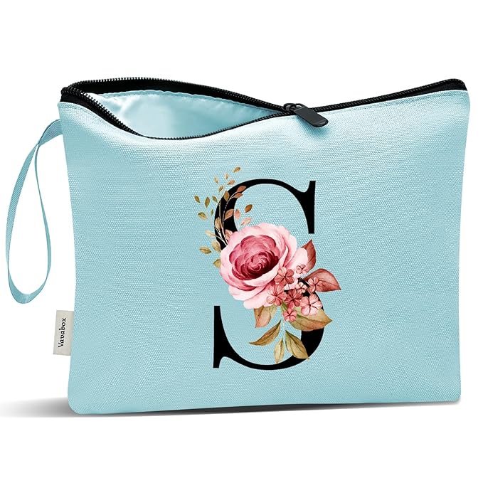 Vavabox A-Z Personalized Makeup Bag, Birthday Gifts for Women Mom, Gifts for Best Friend, Bride Bridesmaid Cosmetic bag (S, Green)