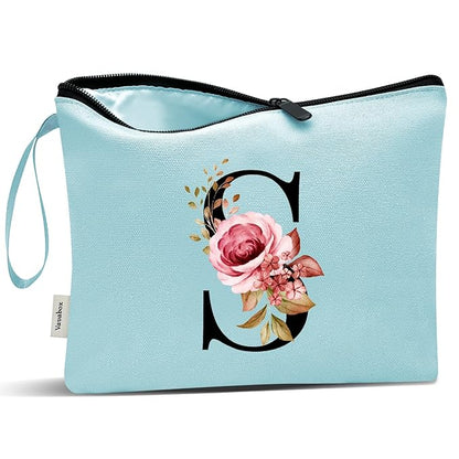 Vavabox A-Z Personalized Makeup Bag, Birthday Gifts for Women Mom, Gifts for Best Friend, Bride Bridesmaid Cosmetic bag (S, Green)