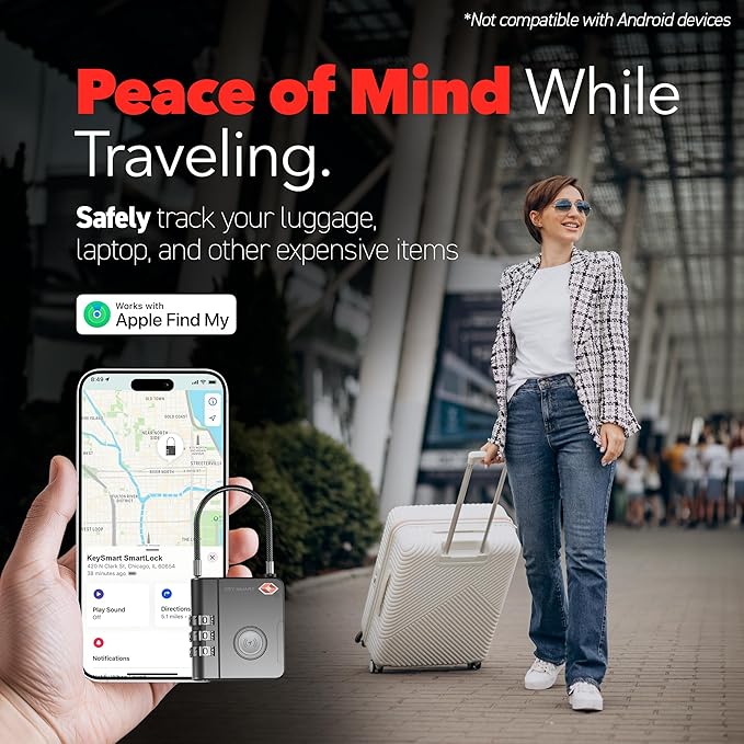 KeySmart SmartLock Tracking Luggage Locks, TSA Locks for Luggage, GPS Tracker, Combination Lock Compatible with Apple Find My App, Best Travel Essentials, Replaceable Non-Rechargeable Battery (1 Pack)