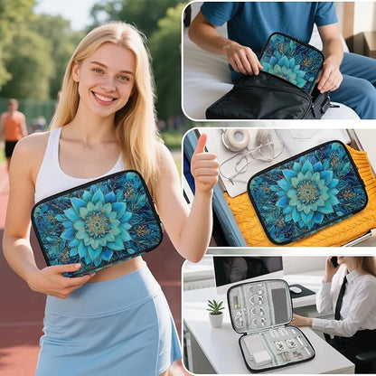 Cable Organizer Teal Mandala Flower Electronics Travel Organizer Case Tech Accessories Pouch Waterproof Cord Storage Bag for Power Bank Charger Phone Earphone