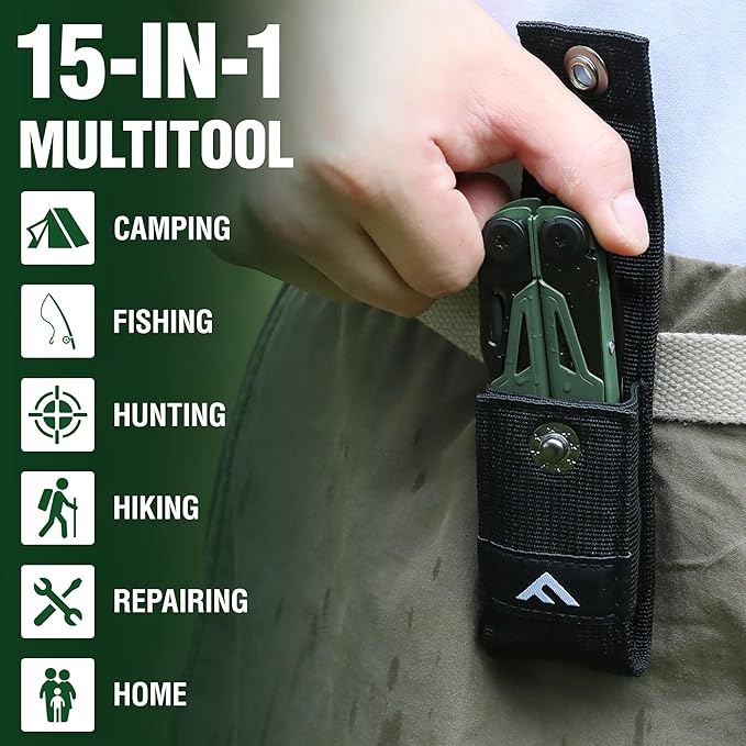 FLISSA Multitool, 15-in-1 Multi Tool Pocket Knife with Sheath, Stainless Steel EDC Multitool Pliers for Men, All-in-One Tools for Camping, Fishing, Survival – Ideal Christmas Gift for Man