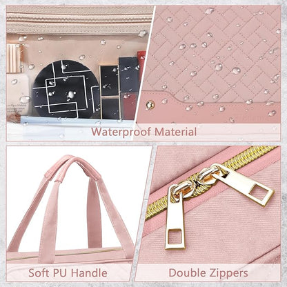 Wedama Toiletry Bag for Women, Hanging Travel Toiletry Bag with Jewelry Organizer Compartment Large Makeup Bag, PVC Waterproof Cosmetic Travel Bag for Travel Business Trips Camping Bathroom, Pink