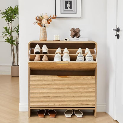 RARZOE Fluted Shoe Cabinet with 2 Flip Drawers, Narrow Curved Shoe Storage Cabinet for Entryway, Freestanding Wood Hidden Shoe Organizer Closed Shoe Rack Cabinet for Foyer, Hallway (29.5''Natural)