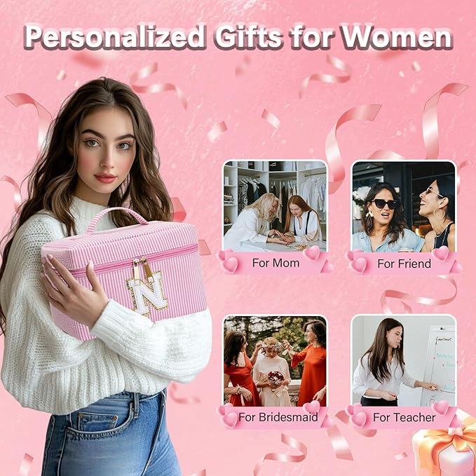 Personalized Monogram Makeup Bag, 3PCS Custom Monogrammed Toiletry Cosmetic Bag for 6-18 Teen Girls Women,Birthday Graduation Gifts Initial Pouch Makeup Bags for Women Girls, Make Up Bag (U, Pink)