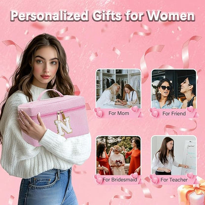 Personalized Monogram Makeup Bag, 3PCS Custom Monogrammed Toiletry Cosmetic Bag for 6-18 Teen Girls Women,Birthday Graduation Gifts Initial Pouch Makeup Bags for Women Girls, Make Up Bag (T, Pink)