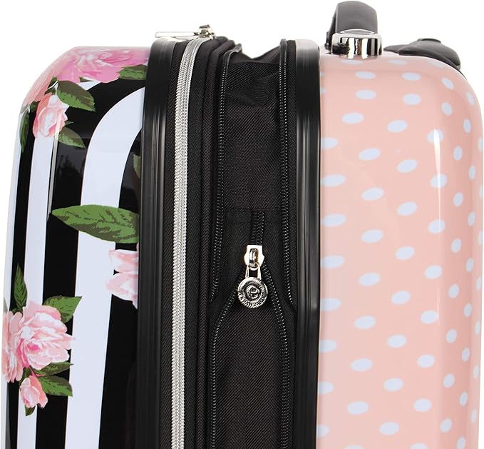 Betsey Johnson Designer Luggage Collection - Expandable 3 Piece Hardside Lightweight Spinner Suitcase Set (Stripe Roses)