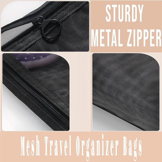 6Pack Mesh Makeup Bags mesh zipper pouch Cotton Blend Travel Organizer Pouches with Zipper Small Storage Bags for Cosmetics and Toiletries Office stationery storage net bag Black and Grey