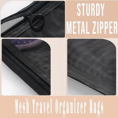 6Pack Mesh Makeup Bags mesh zipper pouch Cotton Blend Travel Organizer Pouches with Zipper Small Storage Bags for Cosmetics and Toiletries Office stationery storage net bag Black and Grey