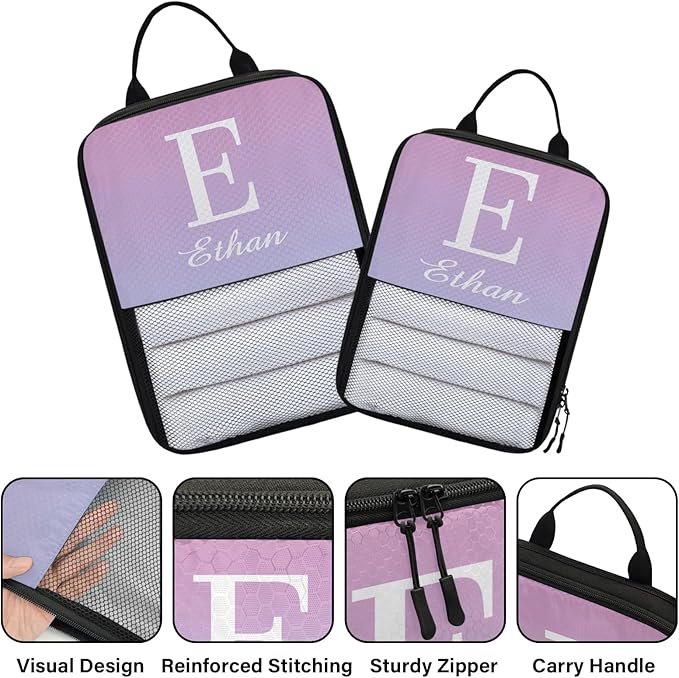 Custom 6 Set Compression Packing Cubes with Name Initial Personalized Compressible Expandable Packing Organizers Luggage Carry On Suitcase Bags Travel Accessories Gifts, Blue Pink
