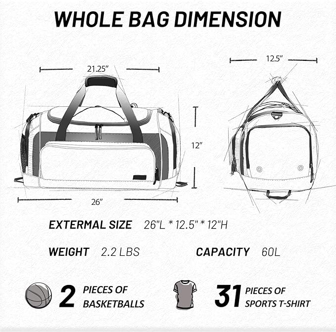 MIER Large Gym Bag for Men Sports Duffle Bag with Shoe Compartment 60L Lightweight Duffel Bags for Workout Fitness Travel