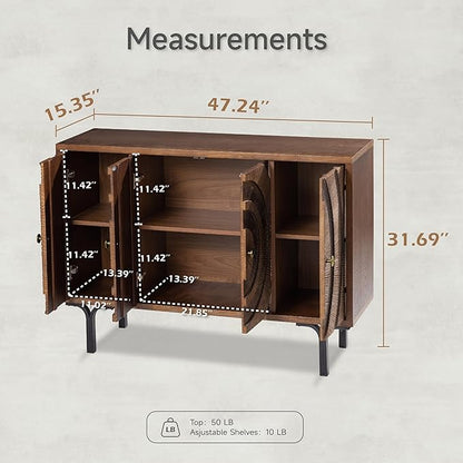 Farmhouse 4-Door Storage Cabinet, Accent Sideboard Buffet Cabinet with Circle Pattern and Radioactive Wood Lines, for Living Room, Dining Room, Bedroom, Brown