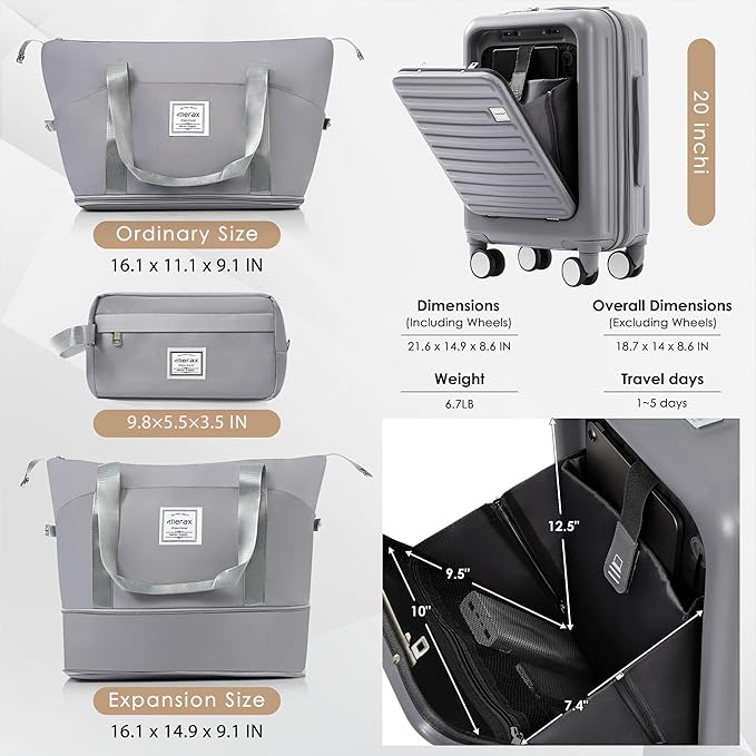 Merax 4-Piece Luggage Set with USB Charging Ports Suitcase with TSA Lock Travel Duffel Bag Wet-Dry Toiletry Bag, grey blue+Bag