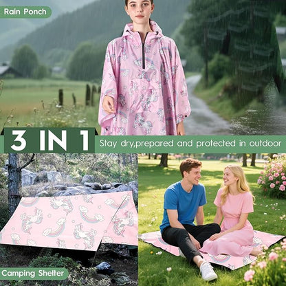 Bruvoalon 3-in-1 Rain Poncho with 1/4 Zip & Chest Pocket, Waterproof, Sunshade, Ground Mat for Adults & Youth Emergency