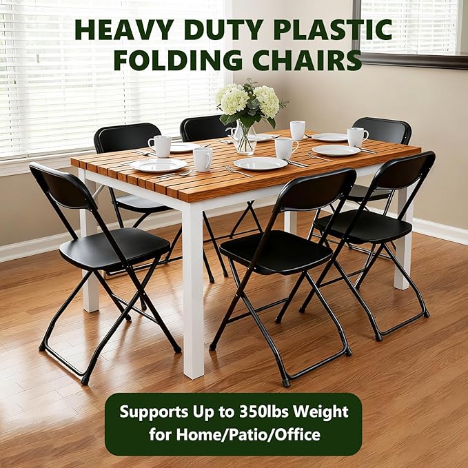 Folding Chairs 4 Pack, Outdoor Portable Foldable Chair with Steel Frame, 350lbs Capacity Heavy Duty Metal Black Plastic Folding Chairs for Patio, Picnic, Kitchen, Dining