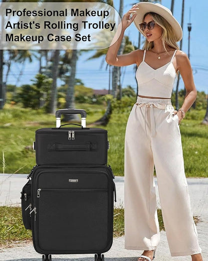 Relavel Rolling Makeup Case Professional Makeup Train Case,Makeup Artist Travel Bag with Wheels,6-in-1 Portable Travel Beauty Trolley Case for Cosmetology Storage(Black)