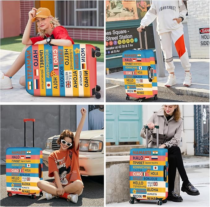 ANNA QUEEN Funny Multilingual Greetings Luggage Cover, Suitcase Protector with Hello in 15+ Languages, Stretchable, Washable Travel Cover for 24-26 Inch Luggage