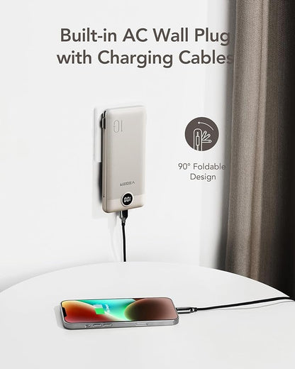 VEGER Portable Charger with Built-in AC Plug and Cables, All in One 10000mAh Ultra Slim Power Bank Travel Essentials, 15W Fast Charging Battery Pack Compatible with iPhone, Samsung, Android (Coffee)