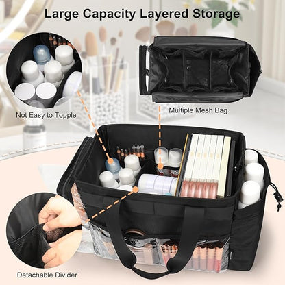 TANTO Travel Makeup Bag, Professional Makeup Artist Bag Tote Bags with 2*bag Extra Large Hair Stylist Travelling Duffle Bag Cosmetic Organizer with Dividers, Gifts for Makeup Beauty Lover (Black