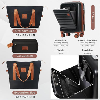 Merax 4-Piece Luggage Sets with USB Charging Ports 20/28Inch Checked Suitcase with TSA Lock Travel Duffel Bag Wet-Dry Toiletry Bag, black and brown