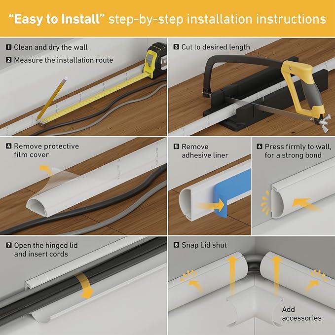 D-Line Half Round Cord Hider, Patented Cable Cover, Hide TV Wall Mount Wires, Raceway for Cords, Decorative Wire Covers, Paintable, Adhesive - 1x 1.18in W x 0.59in H x 39in L - Wood-Effect