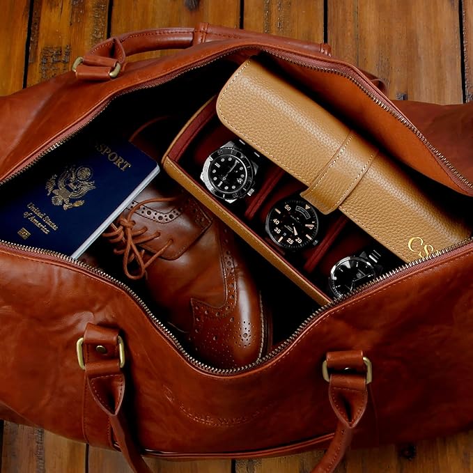 HomeWetBar Custom Leather Watch Roll for Travel, 3 Slot British Tan Watch Case with Velvety Interior, Personalized Initials Option
