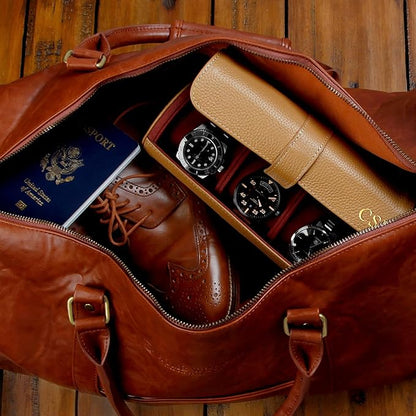 HomeWetBar Custom Leather Watch Roll for Travel, 3 Slot British Tan Watch Case with Velvety Interior, Personalized Initials Option