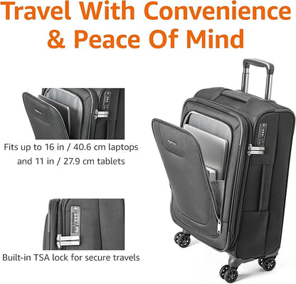 Amazon Basics 20" Luggage, Softside Suitcase With TSA Lock, 8 Spinner Wheels, Front Exterior Pocket, 3 Interior Pockets For Dry and Damp Clothes/Towels Separately, Black