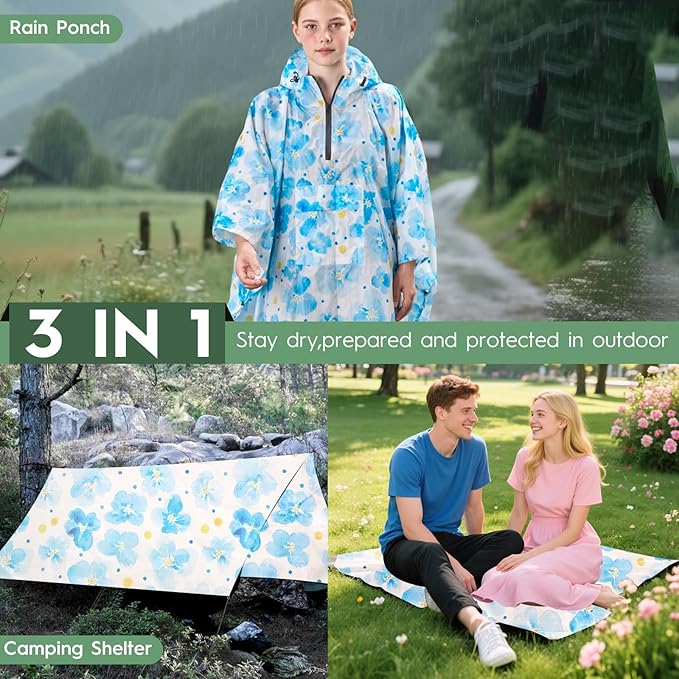 Bruvoalon 3-in-1 Rain Poncho with 1/4 Zip & Chest Pocket, Waterproof, Sunshade, Ground Mat for Adults & Youth Emergency