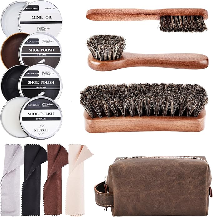 12Pcs Shoe Polish Kit, Horsehair Brush Shoe Shine Kit For men, Shoes Boots Care Brushes Polish Kit