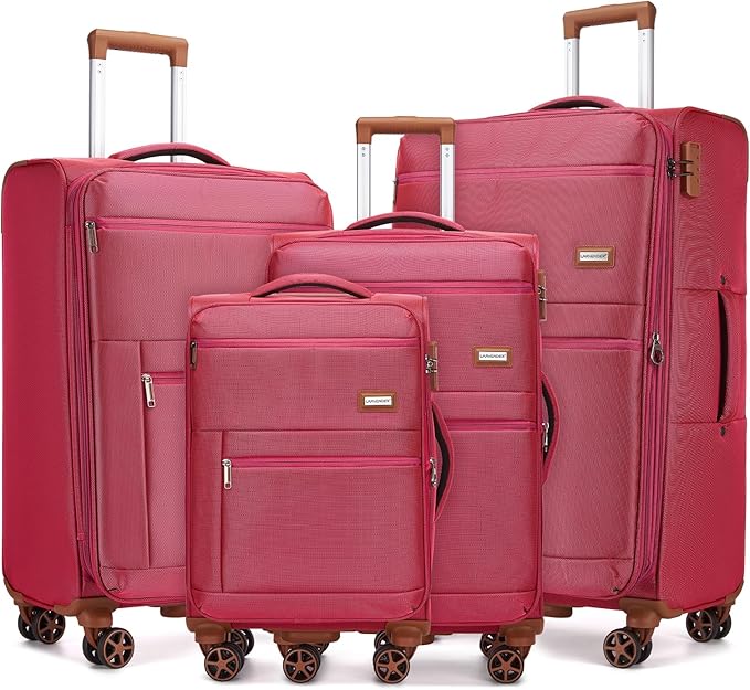 LARVENDER Luggage Sets 4 Piece, Softside Carry On Luggage Suitcase Set with 360° Spinner Wheels for Women Men(32/28/24/20) Rose Red