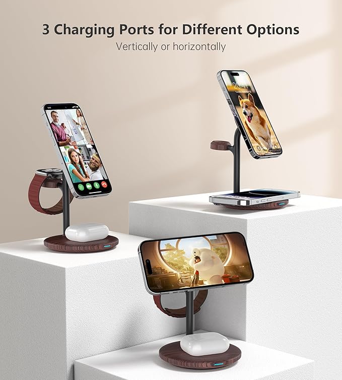 XooFly 3 in 1 Wireless Charging Station for Apple Devices, Fast Wireless Mag-Safe Charger Stand with 20W Adapter for iPhone 17/16 15 14 13 12 Pro Max/Pro/Plus/Air/Mini,iWatch,AirPods,Brown Wood Grain