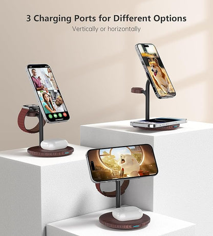 XooFly 3 in 1 Wireless Charging Station for Apple Devices, Fast Wireless Mag-Safe Charger Stand with 20W Adapter for iPhone 17/16 15 14 13 12 Pro Max/Pro/Plus/Air/Mini,iWatch,AirPods,Brown Wood Grain